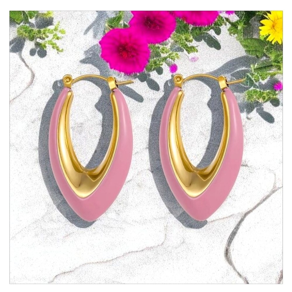 Gold Plated Rose Pink Enamel Hoop Earrings